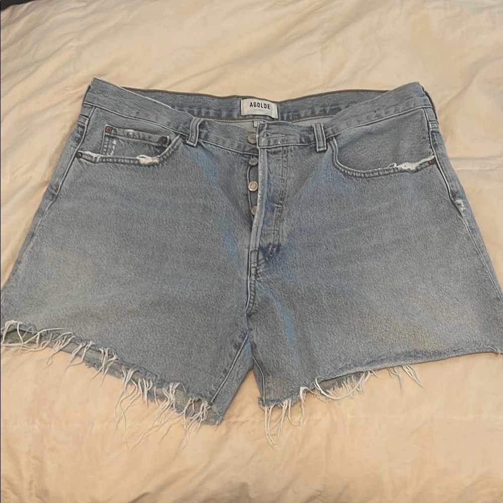 Agolde Light Blue Frayed Denim Shorts